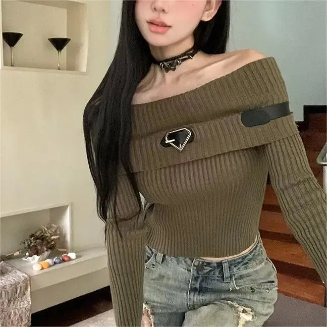 Sweet Off Shoulder Ribbed Crop Long Sleeve Slim Fit Knit Top