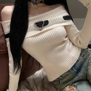 Sweet Off Shoulder Ribbed Crop Long Sleeve Slim Fit Knit Top