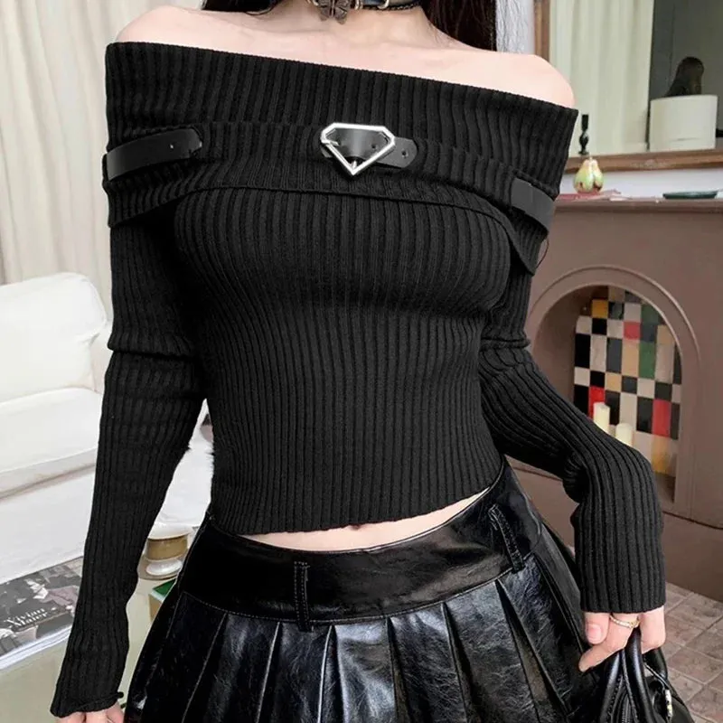 Sweet Off Shoulder Ribbed Crop Long Sleeve Slim Fit Knit Top