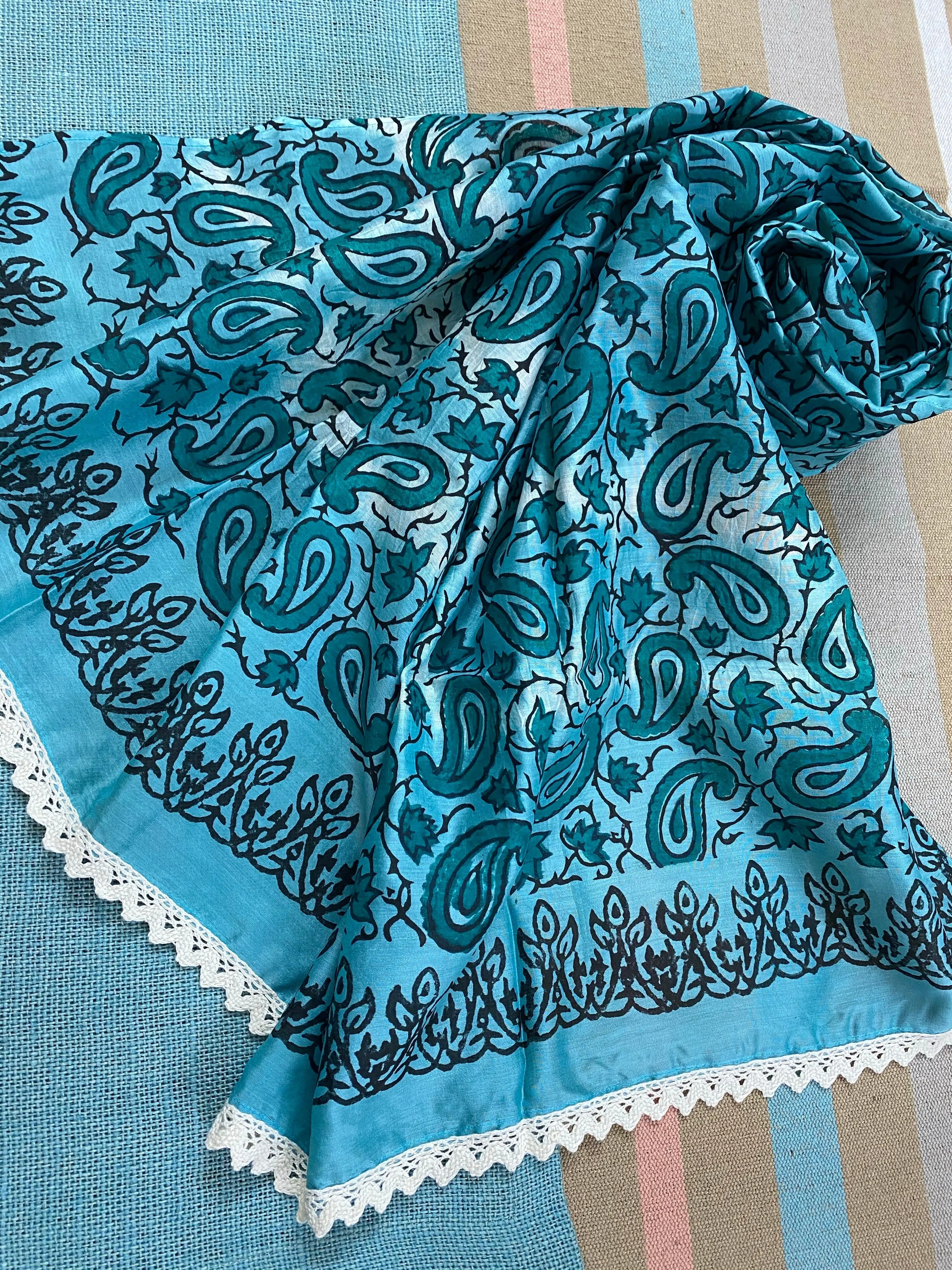 Teal Paisley Block Printed Silk Cotton Scarf