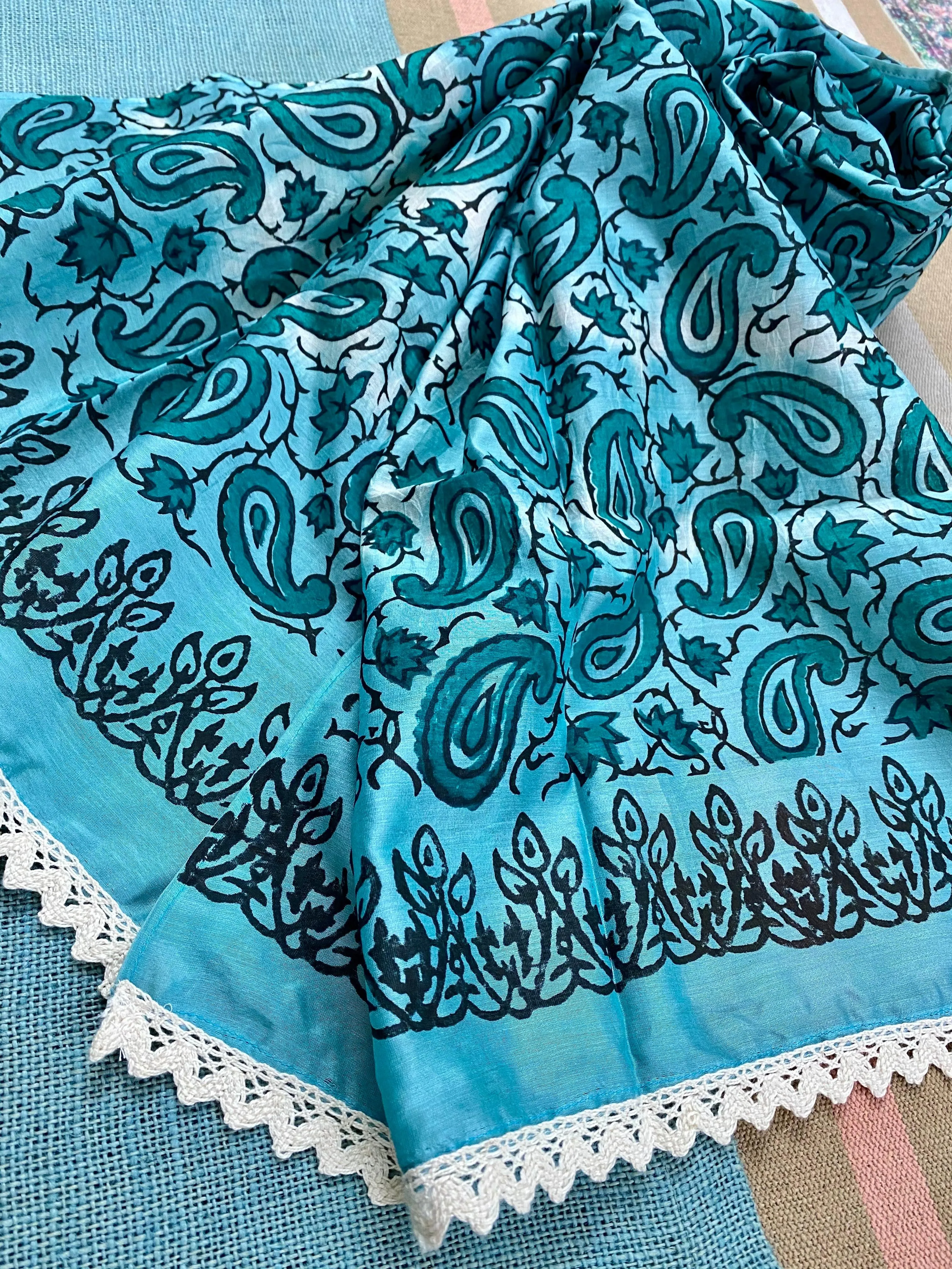 Teal Paisley Block Printed Silk Cotton Scarf