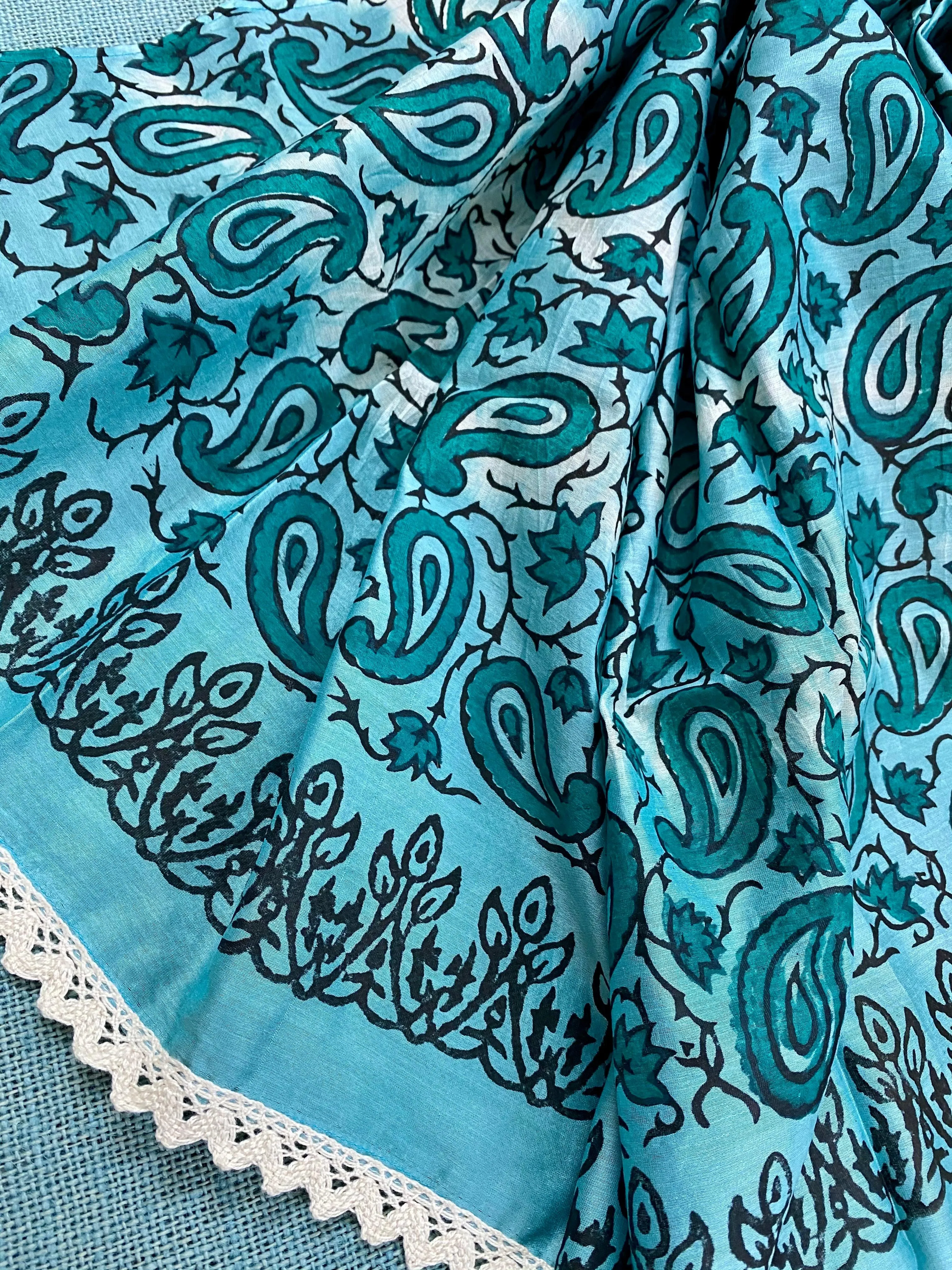 Teal Paisley Block Printed Silk Cotton Scarf