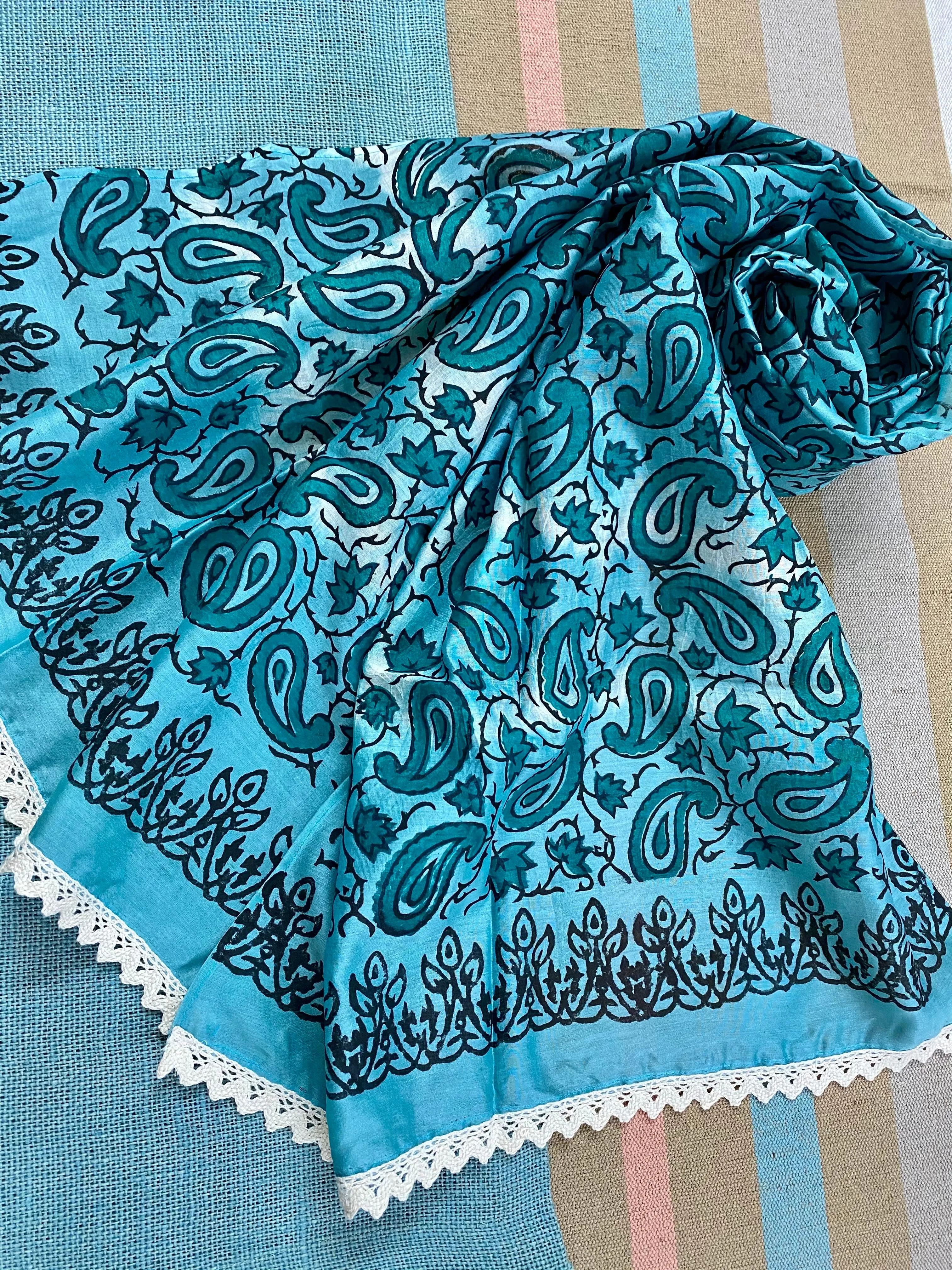 Teal Paisley Block Printed Silk Cotton Scarf