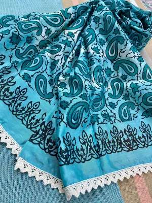 Teal Paisley Block Printed Silk Cotton Scarf
