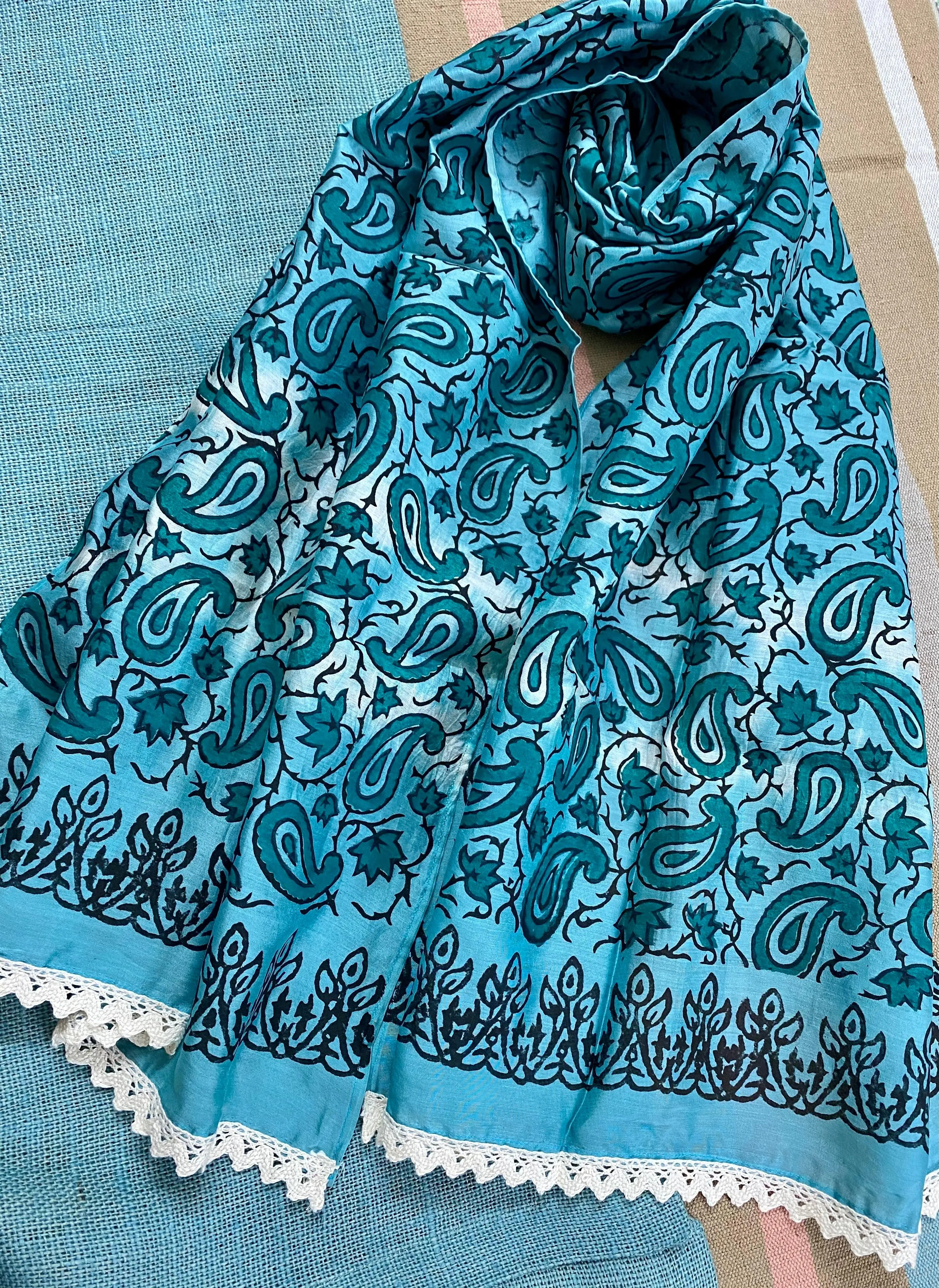 Teal Paisley Block Printed Silk Cotton Scarf