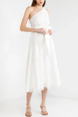 TESSA One-Shoulder Eyelet Midi Dress (White)