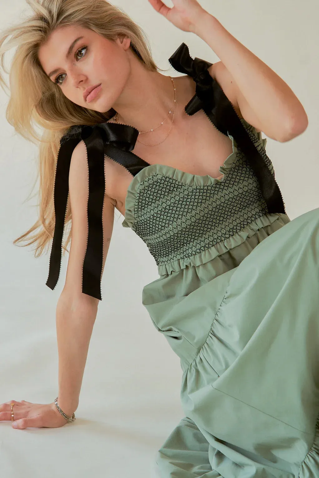 The Bette Bow Tie Shoulder Maxi Dress - Sage - PLUS
