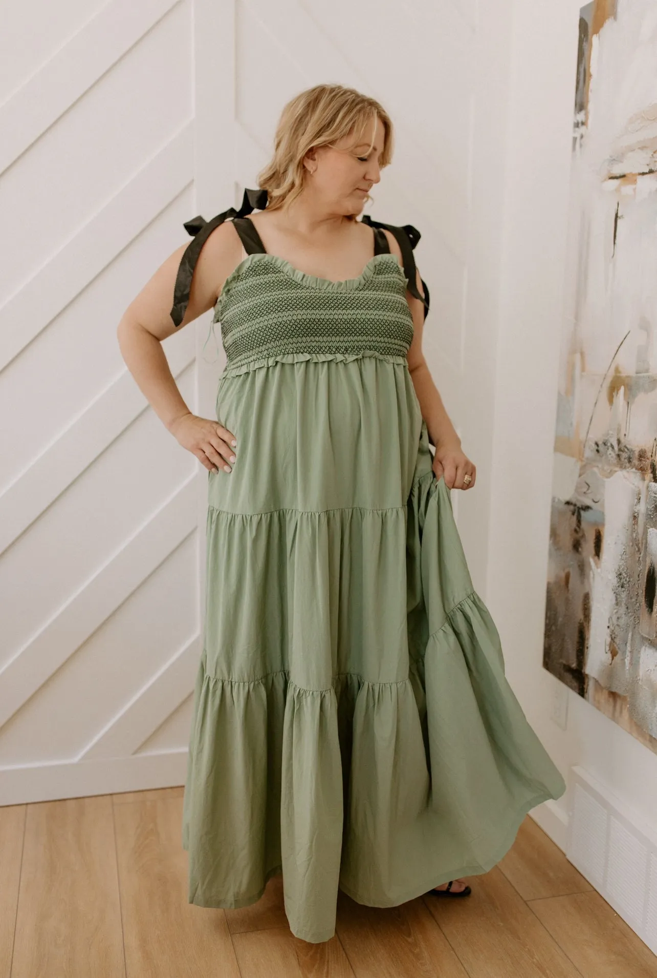 The Bette Bow Tie Shoulder Maxi Dress - Sage - PLUS