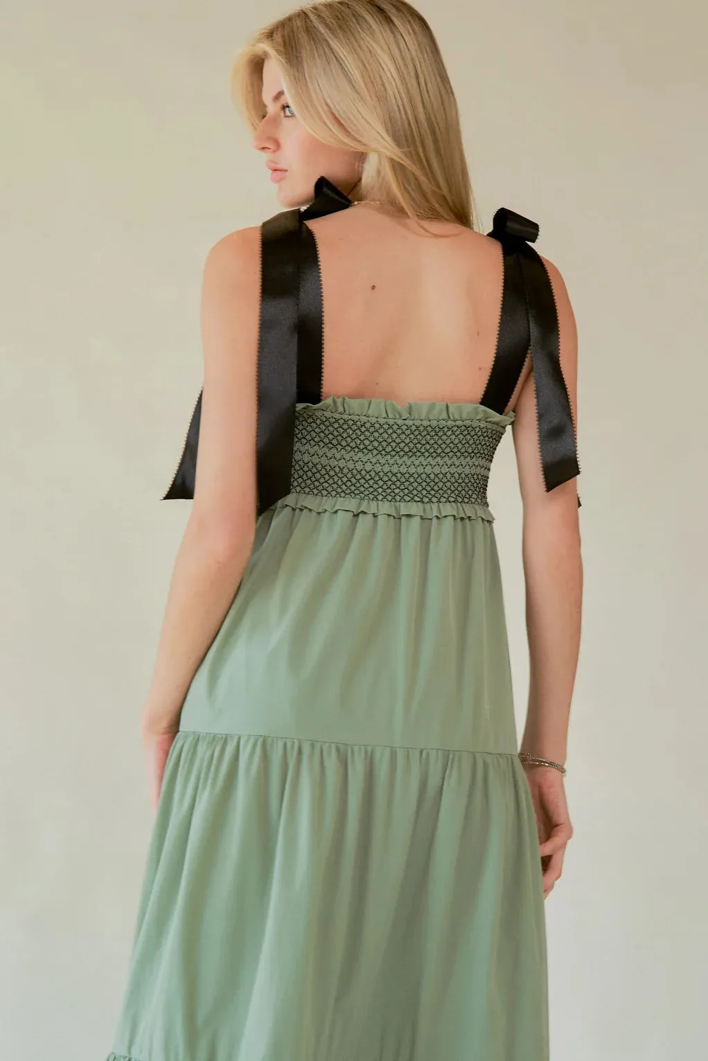 The Bette Bow Tie Shoulder Maxi Dress - Sage - PLUS