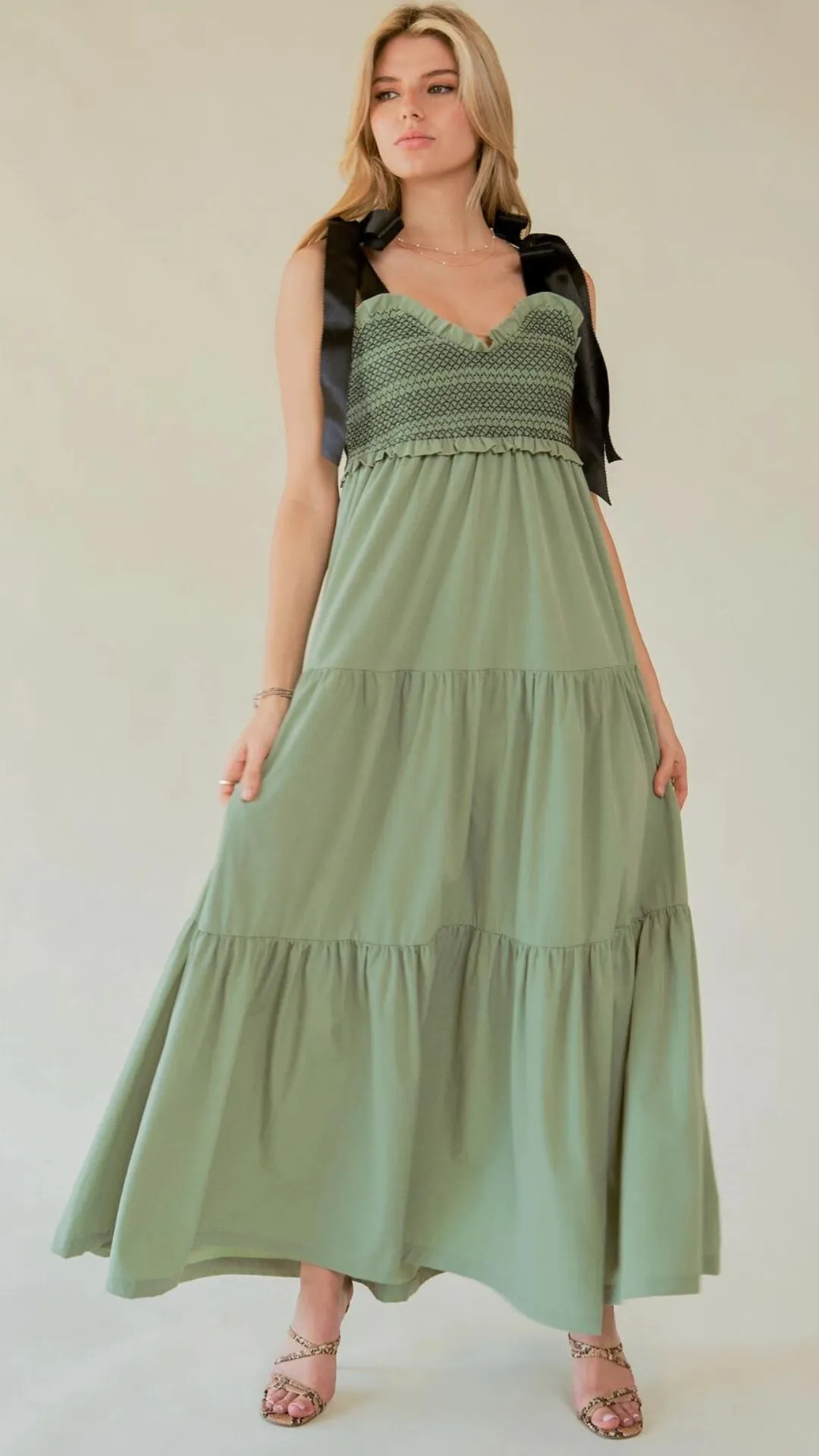 The Bette Bow Tie Shoulder Maxi Dress - Sage - PLUS