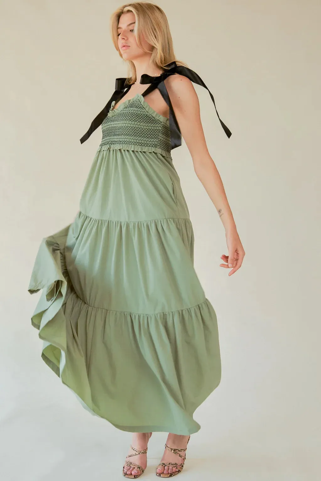 The Bette Bow Tie Shoulder Maxi Dress - Sage - PLUS