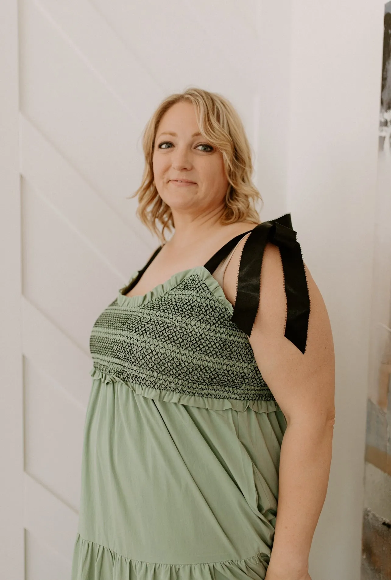 The Bette Bow Tie Shoulder Maxi Dress - Sage - PLUS