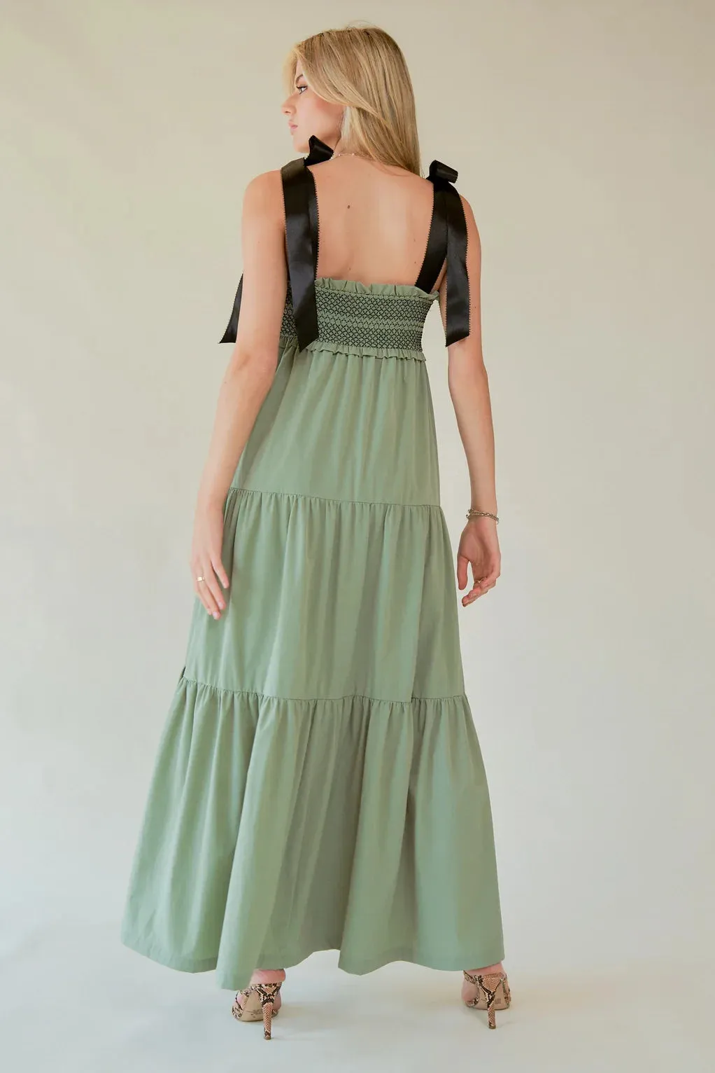 The Bette Bow Tie Shoulder Maxi Dress - Sage - PLUS