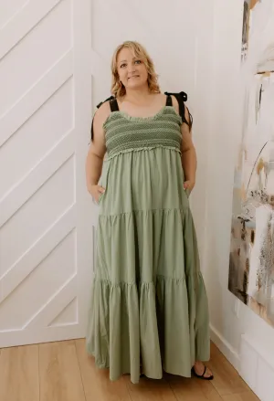 The Bette Bow Tie Shoulder Maxi Dress - Sage - PLUS