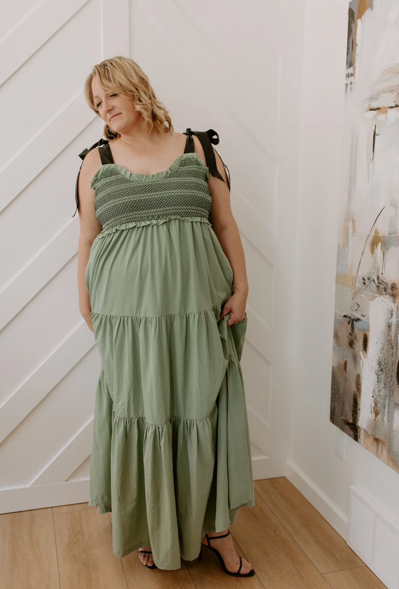 The Bette Bow Tie Shoulder Maxi Dress - Sage - PLUS