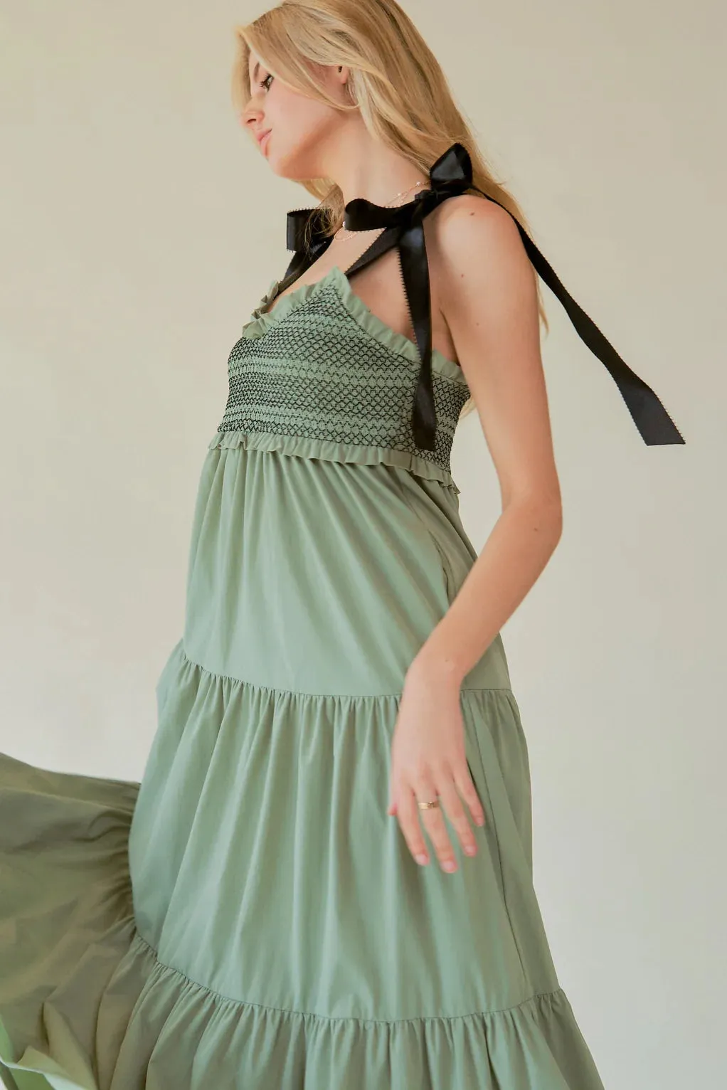 The Bette Bow Tie Shoulder Maxi Dress - Sage - PLUS