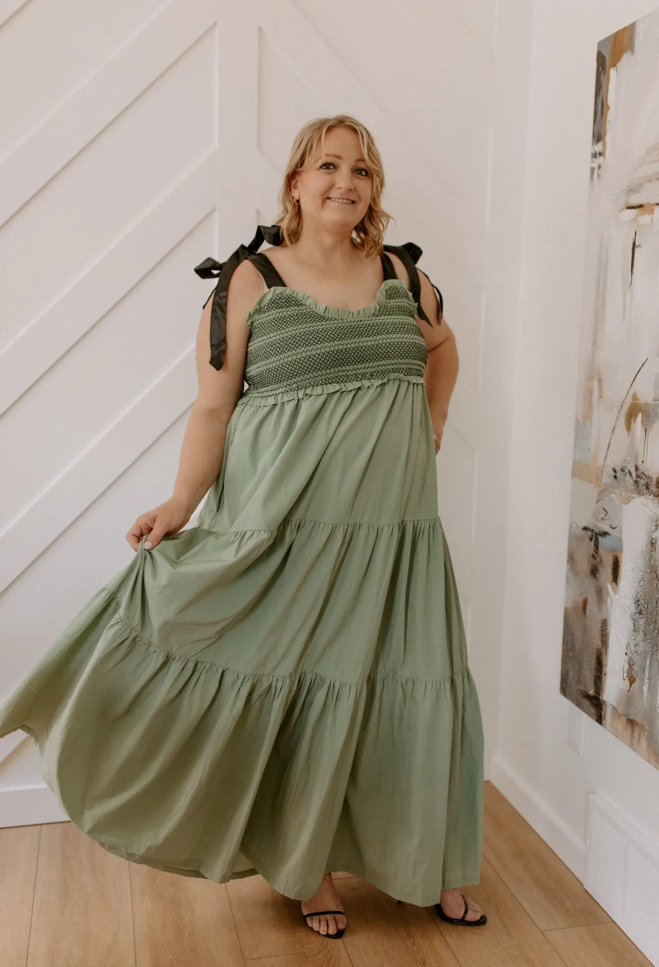 The Bette Bow Tie Shoulder Maxi Dress - Sage - PLUS