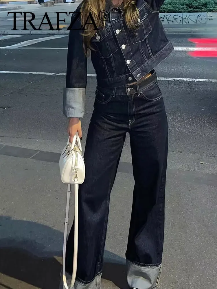 TRAFZA Women Vintage Denim Jacket Single Breasted Lapel Long Sleeve
