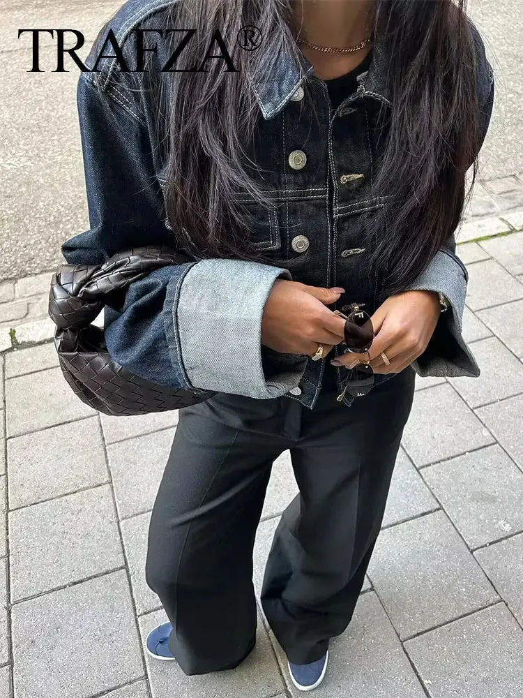 TRAFZA Women Vintage Denim Jacket Single Breasted Lapel Long Sleeve