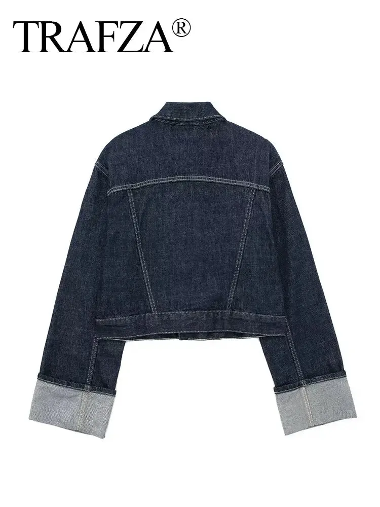 TRAFZA Women Vintage Denim Jacket Single Breasted Lapel Long Sleeve