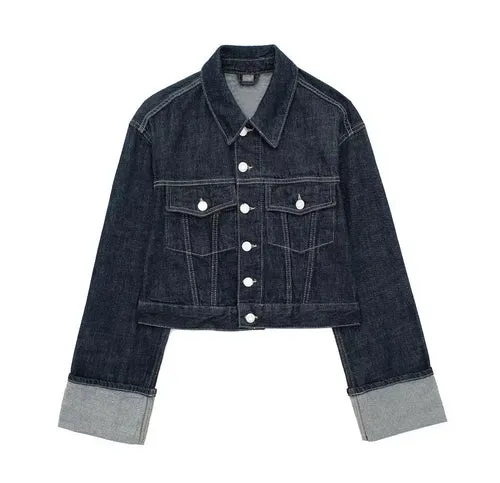 TRAFZA Women Vintage Denim Jacket Single Breasted Lapel Long Sleeve