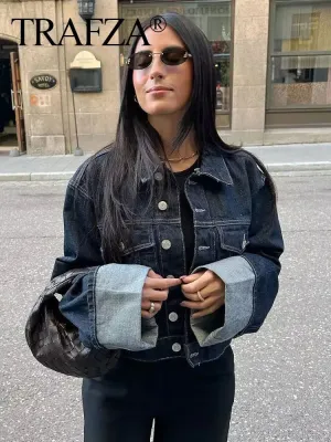 TRAFZA Women Vintage Denim Jacket Single Breasted Lapel Long Sleeve