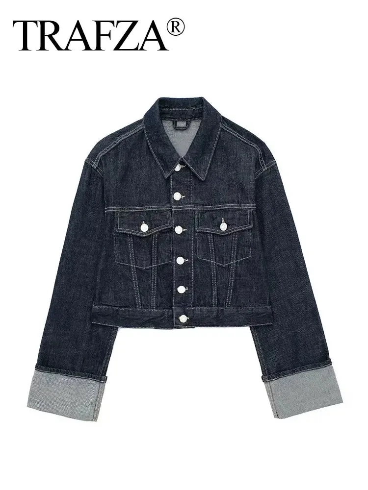 TRAFZA Women Vintage Denim Jacket Single Breasted Lapel Long Sleeve