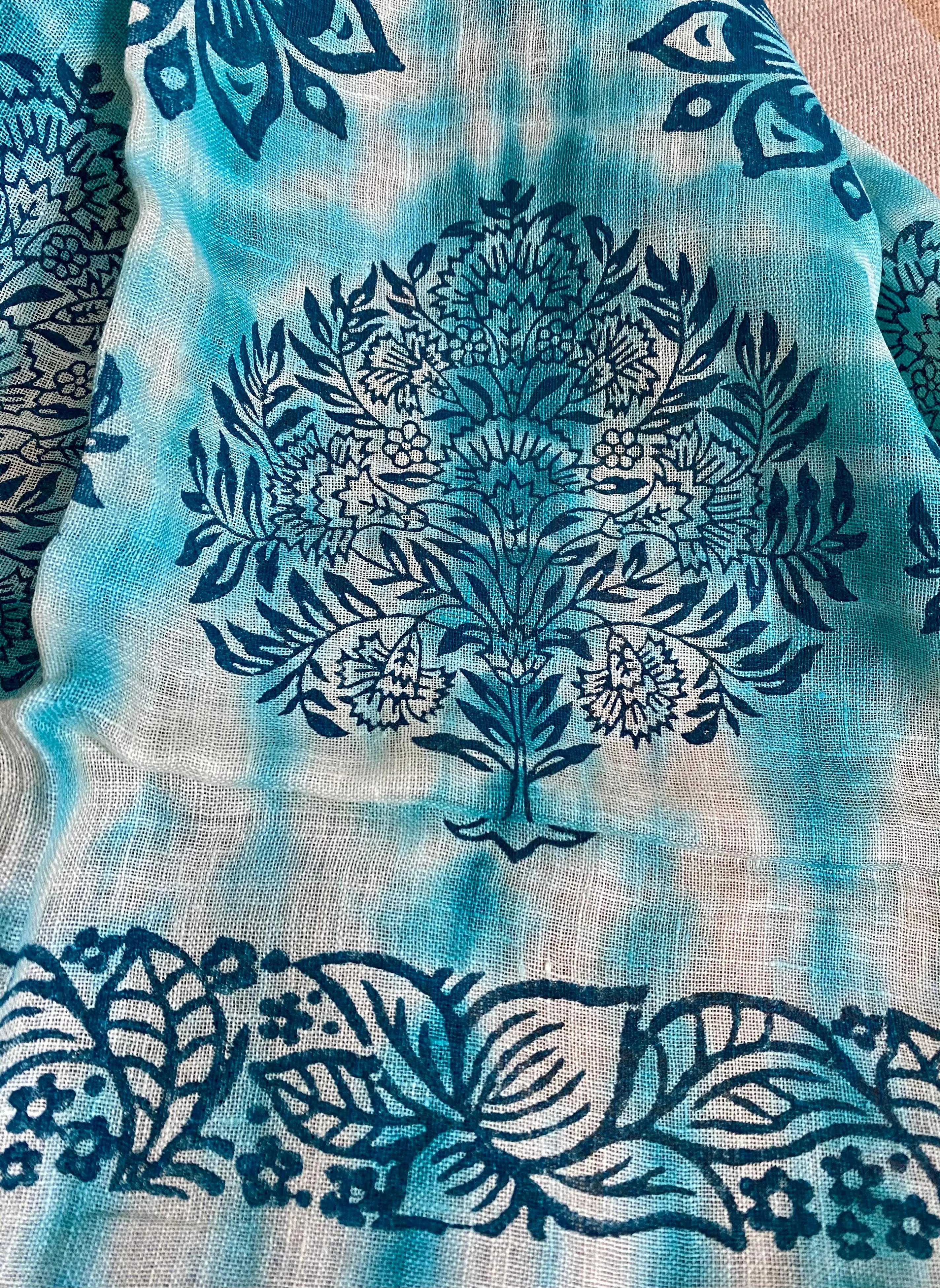 Turquoise Tale Block Printed on Pure Linen Scarf