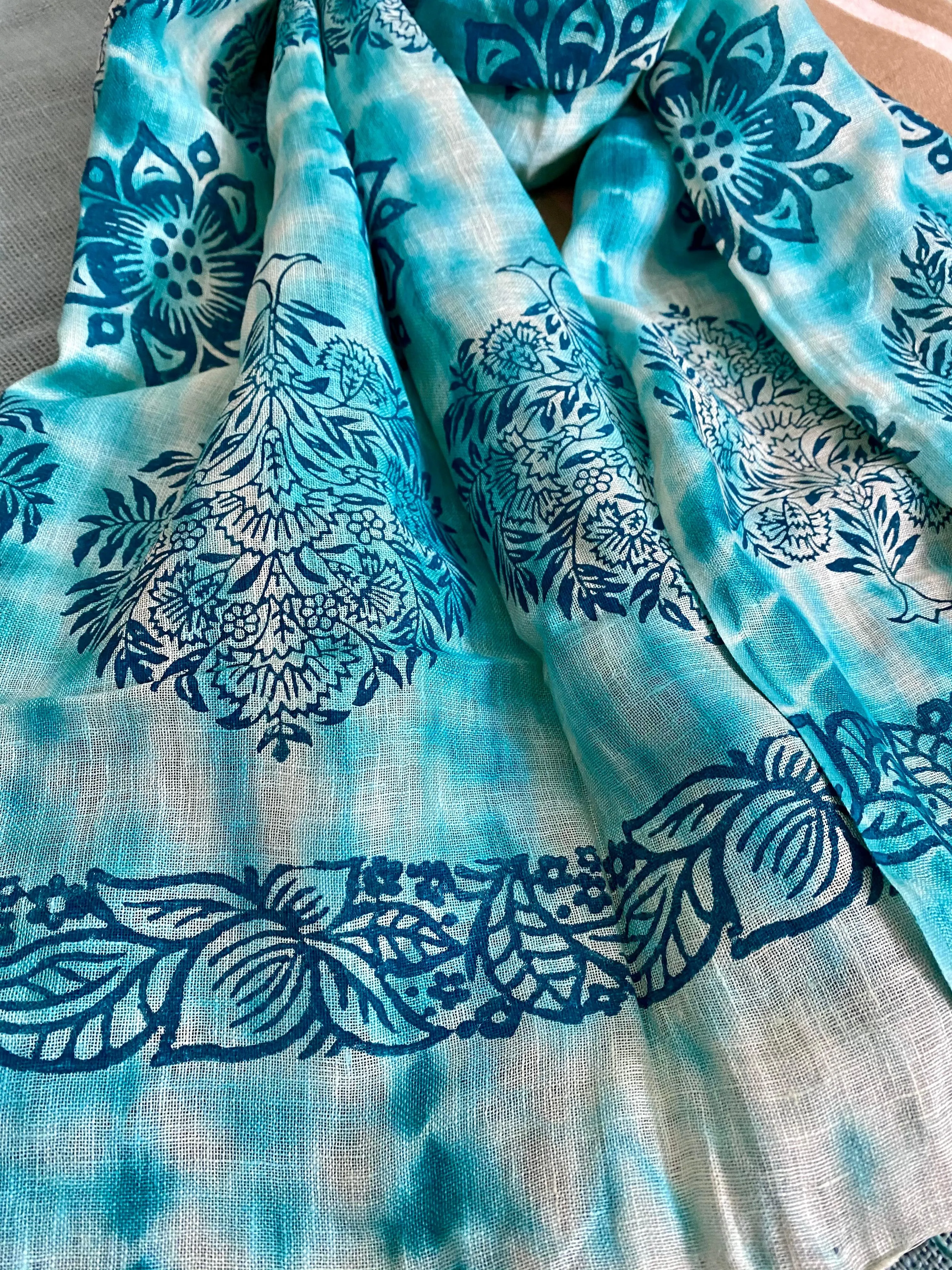 Turquoise Tale Block Printed on Pure Linen Scarf