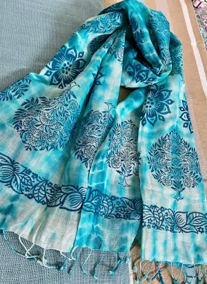Turquoise Tale Block Printed on Pure Linen Scarf