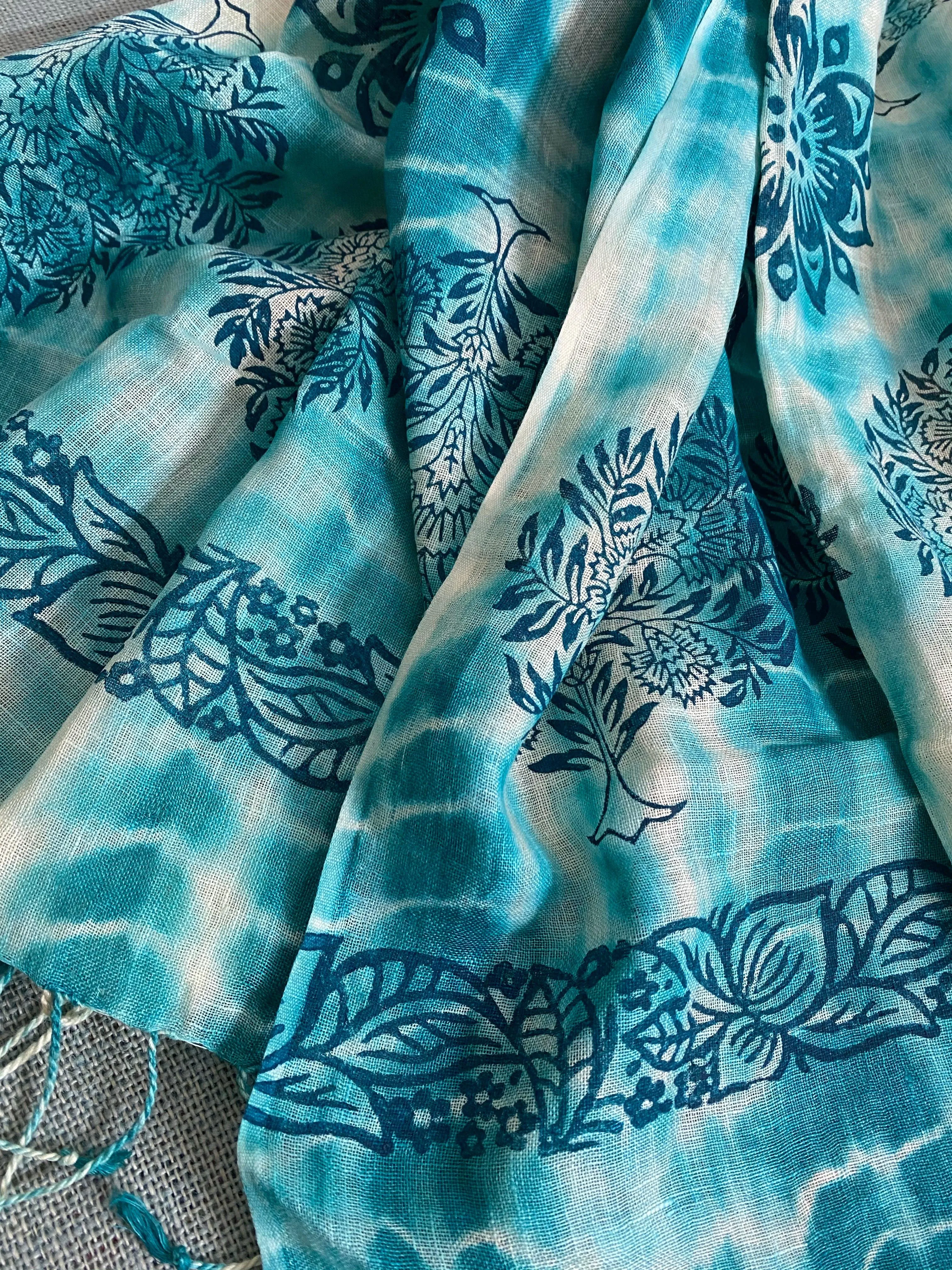 Turquoise Tale Block Printed on Pure Linen Scarf