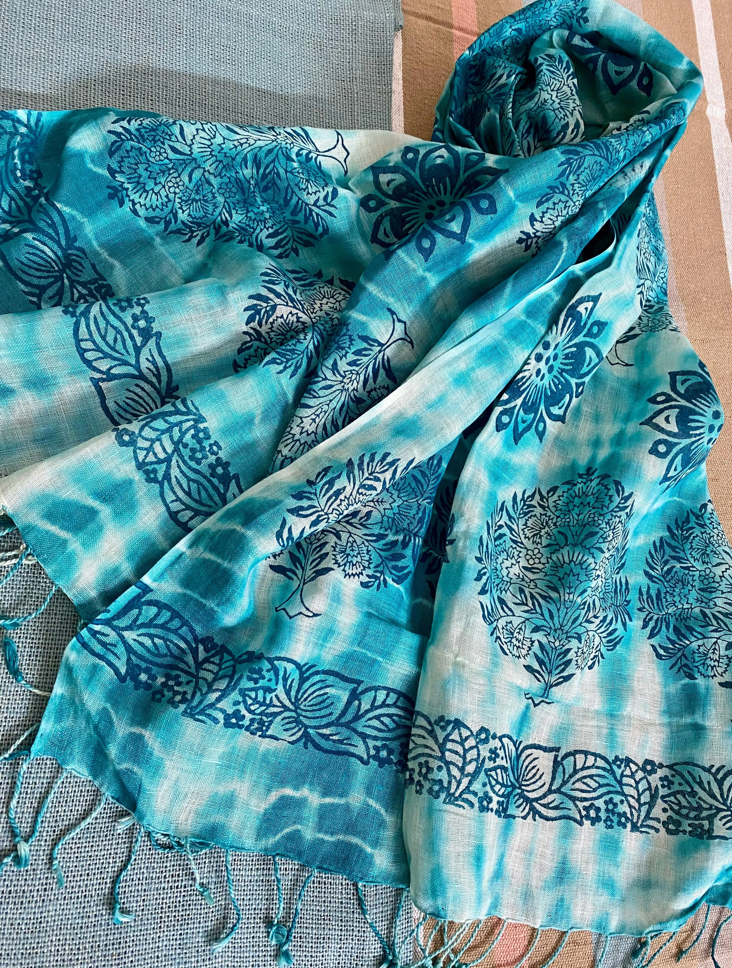 Turquoise Tale Block Printed on Pure Linen Scarf