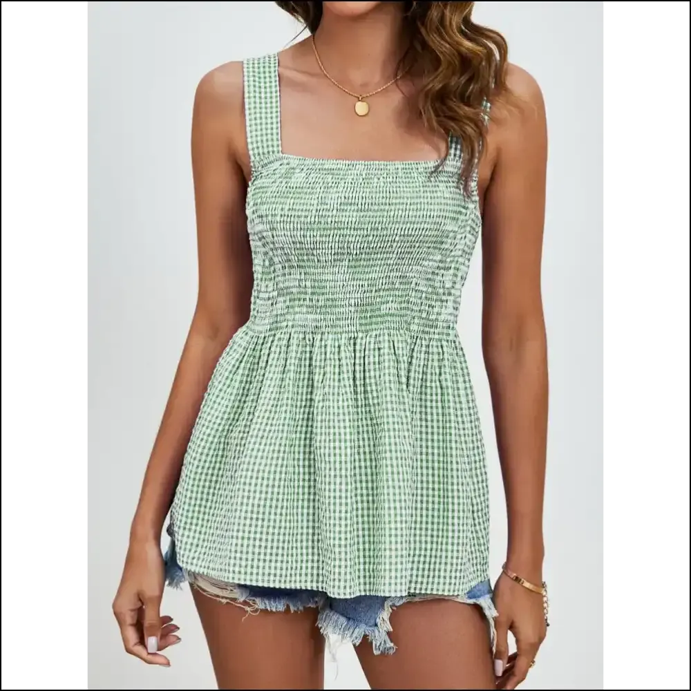 Unleash your Inner Fashionista with the Smocked Plaid Square Neck Tank! 😎✨