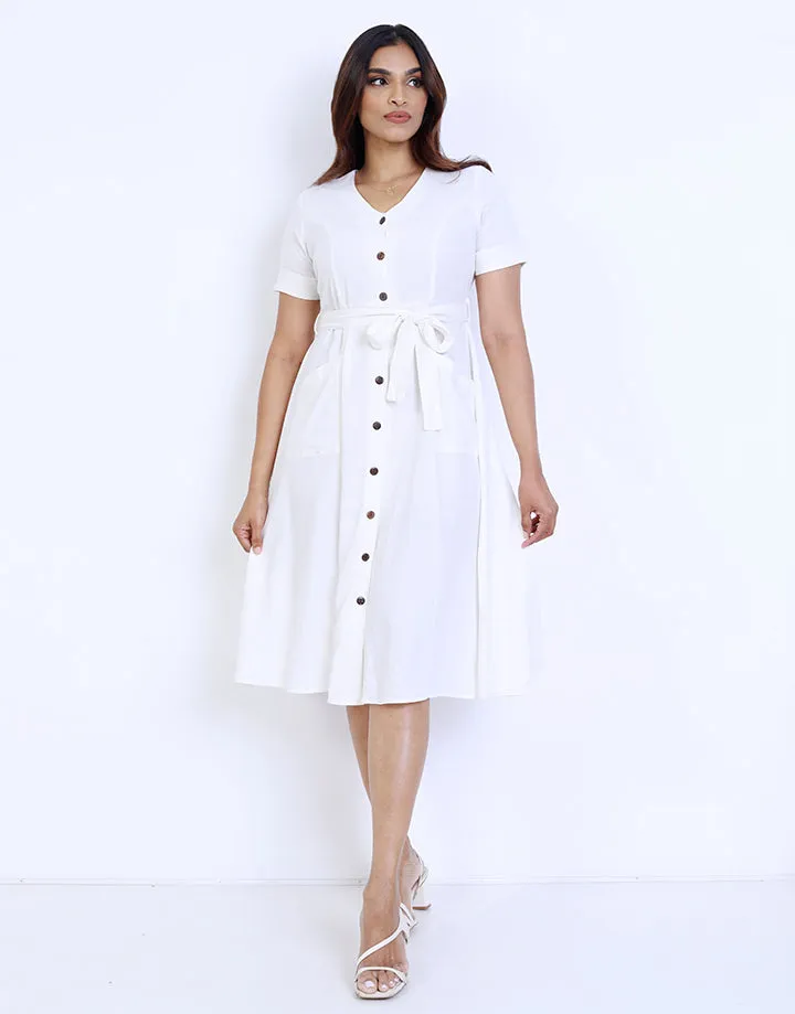 V-Neck Wooden Button Down Dress with Belt
