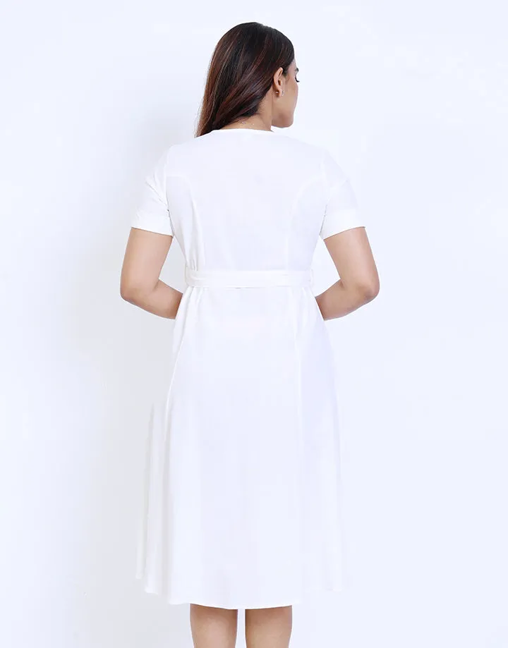 V-Neck Wooden Button Down Dress with Belt