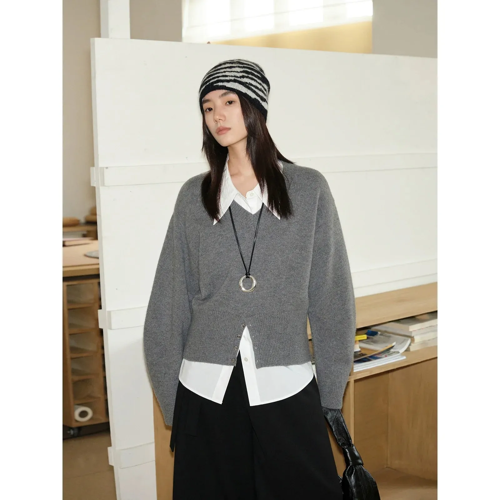 V-Neck Wool Sweater with Button Detail