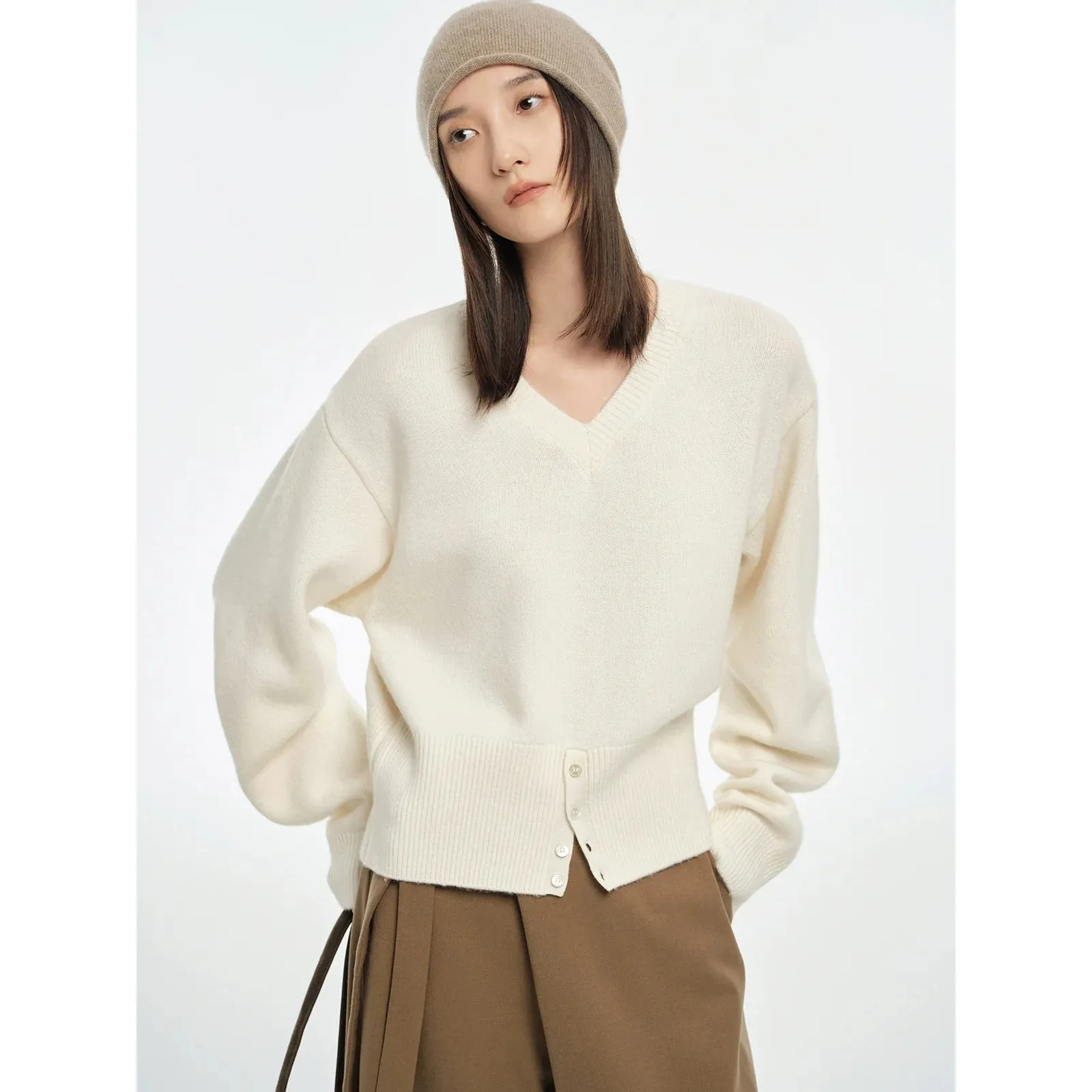 V-Neck Wool Sweater with Button Detail