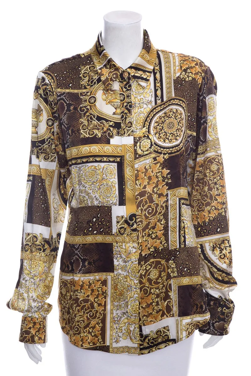 Versace Gold & Black Silk Button Up Blouse SZ 46
