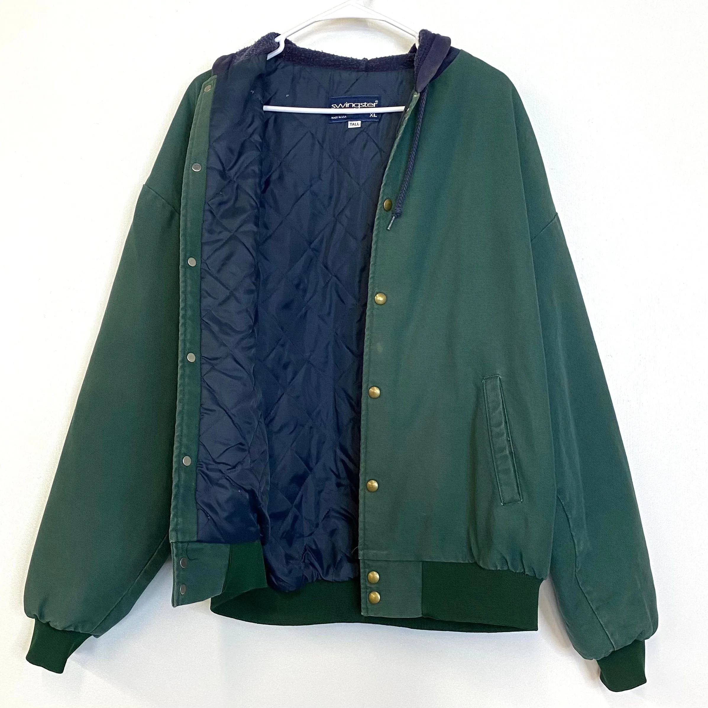 Vintage 1999 Swingster Mens XLT Green/Blue Canvas Hooded Work Chore Coat Jacket