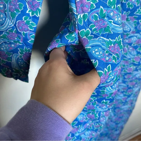 Vintage 60s 70s blue purple paisley zip down house coat robe (b5)