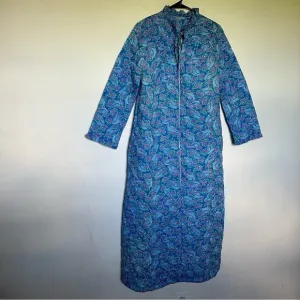 Vintage 60s 70s blue purple paisley zip down house coat robe (b5)