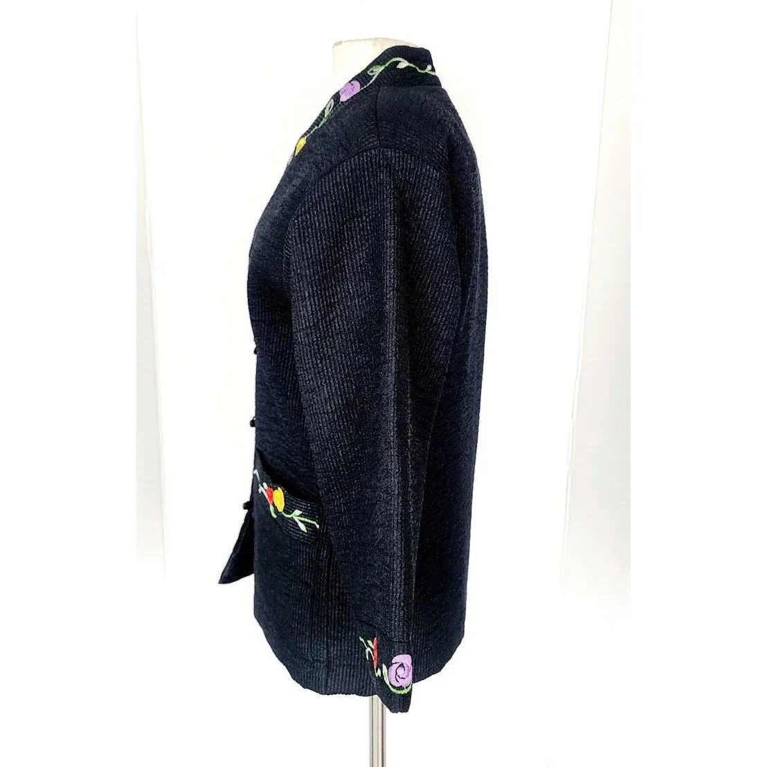 Vintage Asian Quilted Jacket Black w/Floral Embroidery