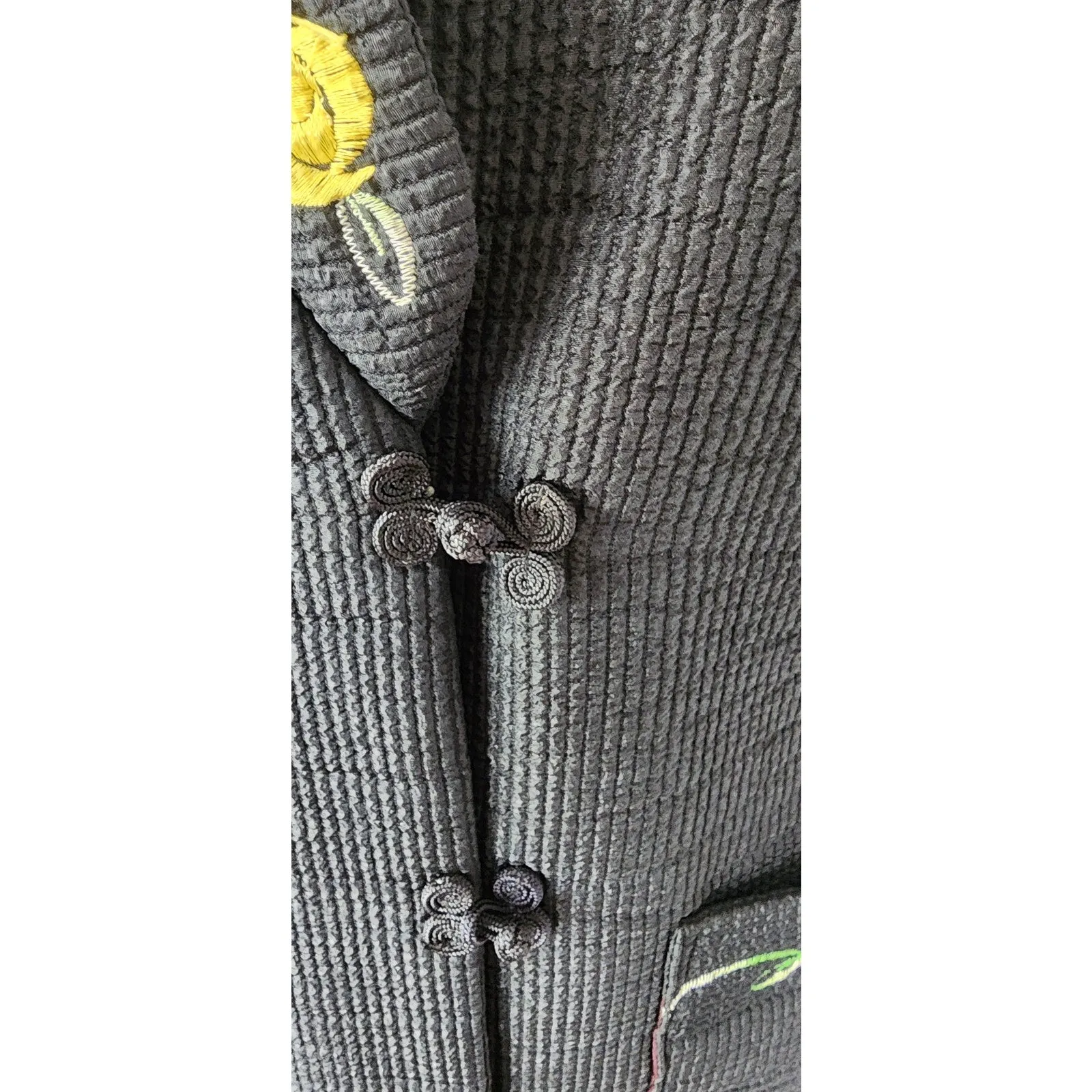 Vintage Asian Quilted Jacket Black w/Floral Embroidery