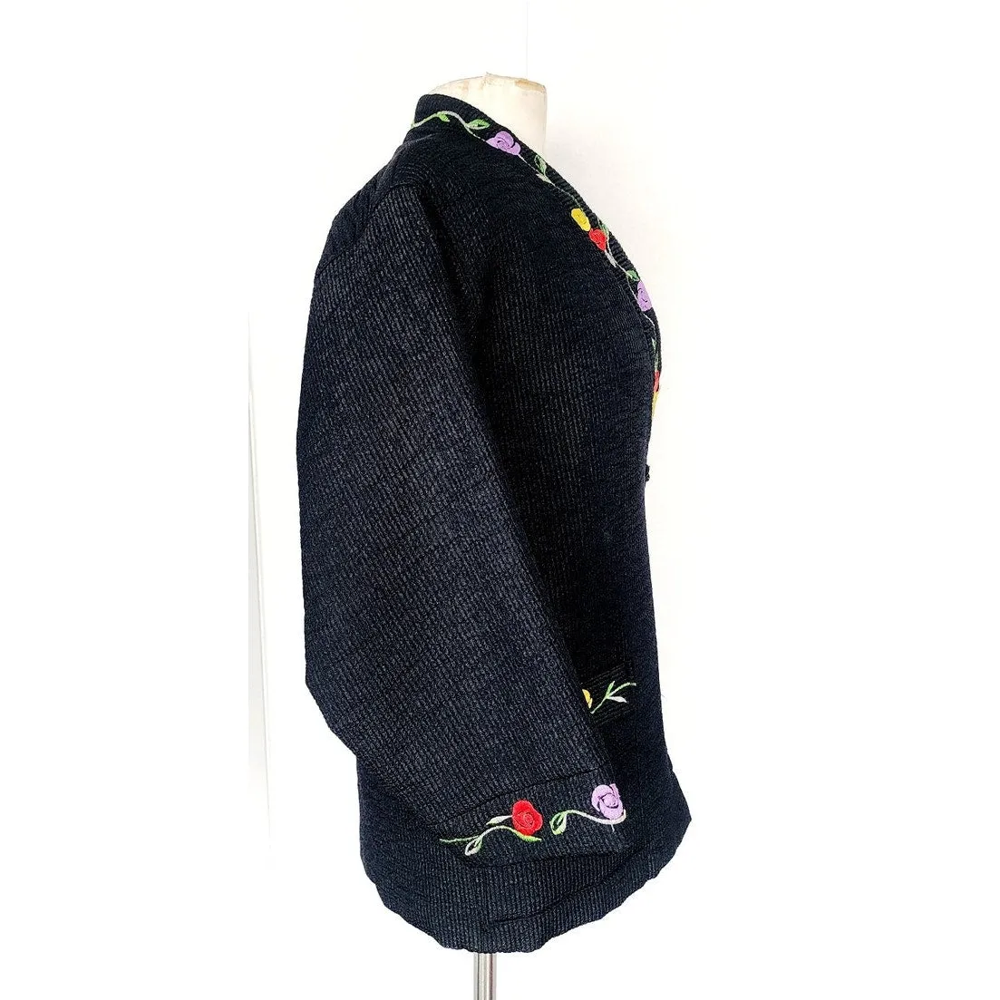 Vintage Asian Quilted Jacket Black w/Floral Embroidery