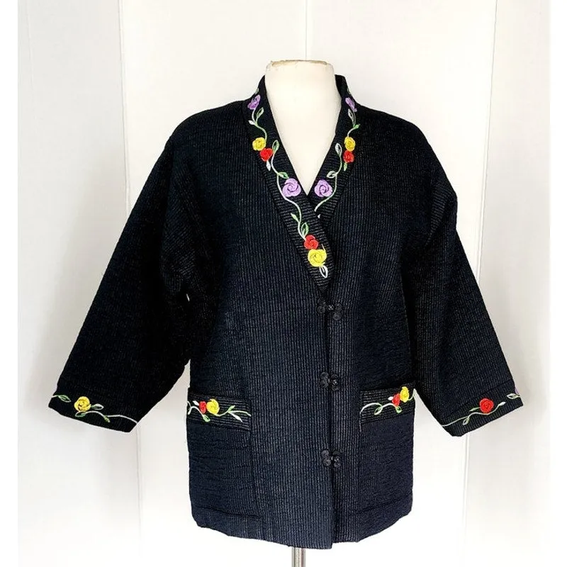 Vintage Asian Quilted Jacket Black w/Floral Embroidery