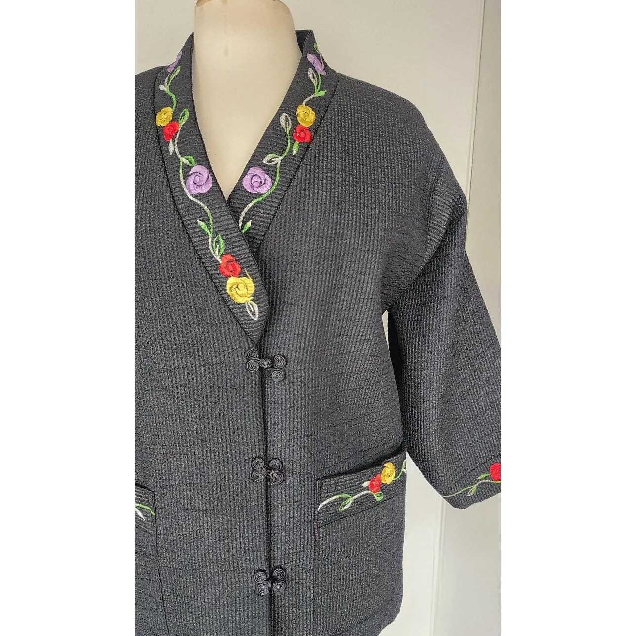 Vintage Asian Quilted Jacket Black w/Floral Embroidery