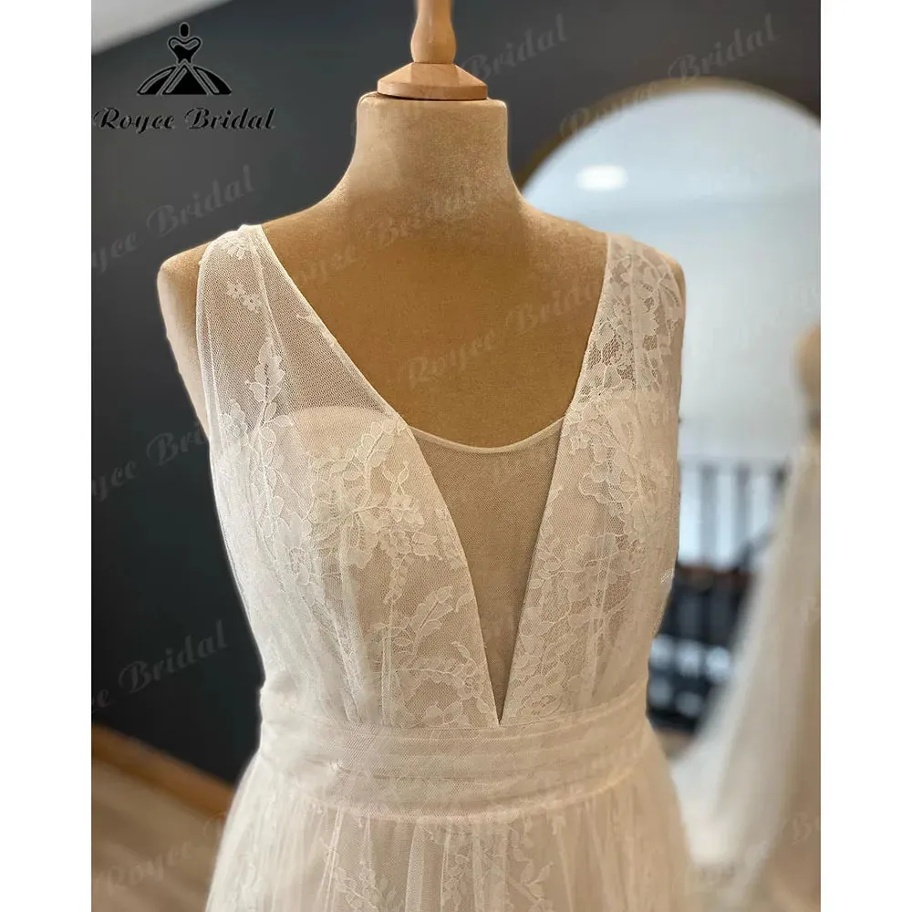 Vintage Beach Tank Lace Boho Sleeveless Wedding Gown for Women  Bridal V Neck Wedding Dress vestido longo festa de casamento