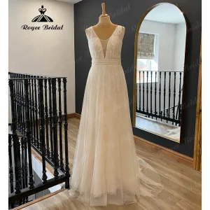 Vintage Beach Tank Lace Boho Sleeveless Wedding Gown for Women  Bridal V Neck Wedding Dress vestido longo festa de casamento