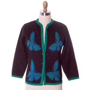 Vintage Ladies Cardigan Sweater Wool/Mohair Fab Blue Butterfly Motif 1960s Med