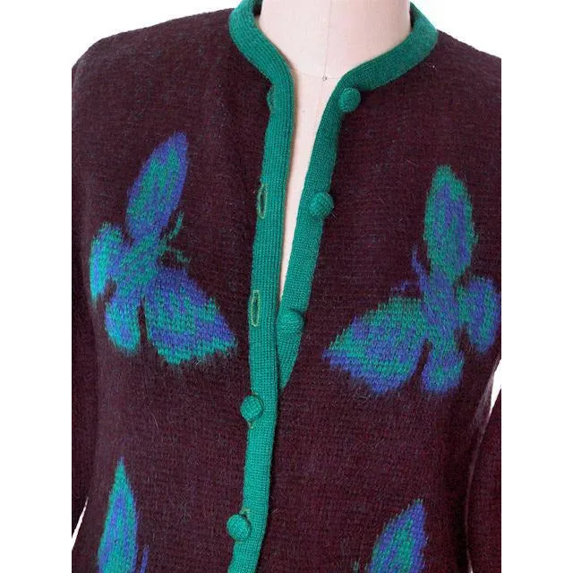 Vintage Ladies Cardigan Sweater Wool/Mohair Fab Blue Butterfly Motif 1960s Med